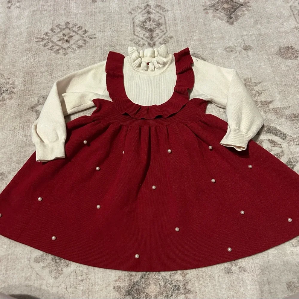 Kids Size 6Y Adorable Red + Cream Dress and Pearl‎ Accents Christmas Holiday